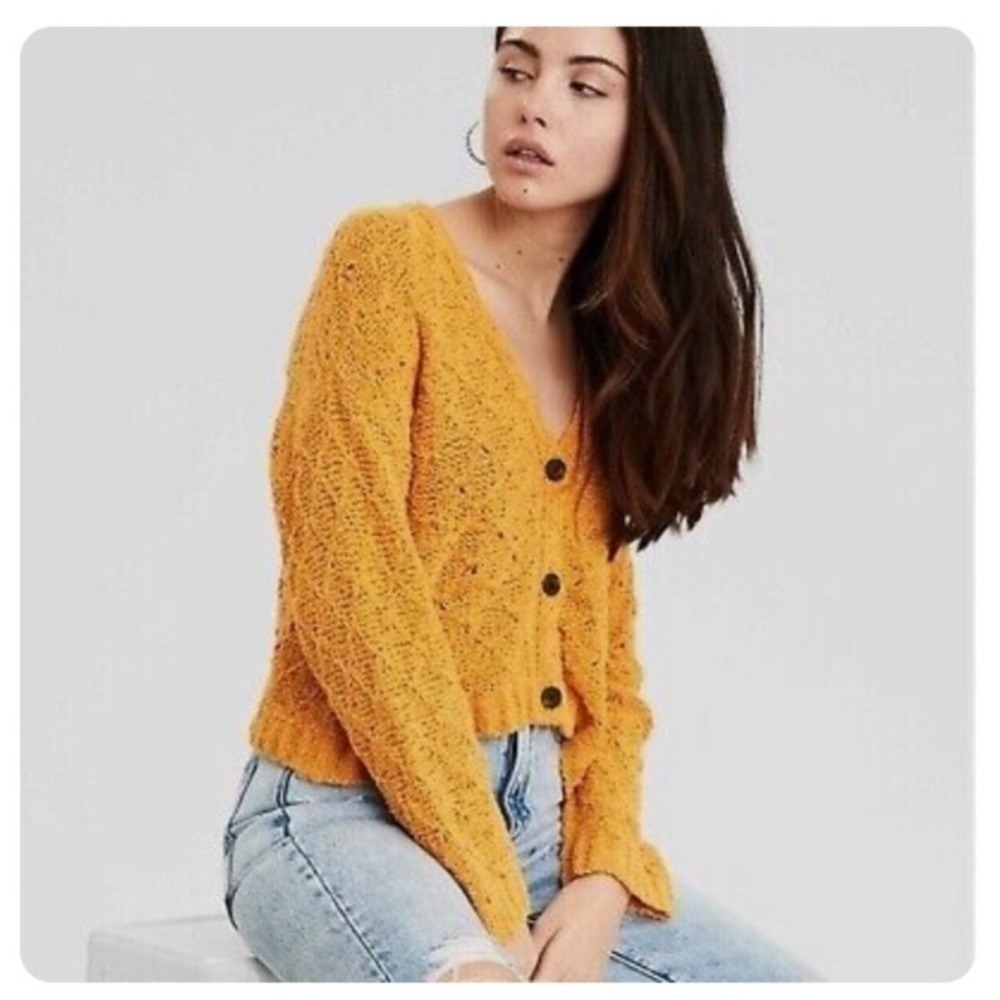 American Eagle Open Knit Crochet Cropped Cardigan Sweater size XS mustard orange